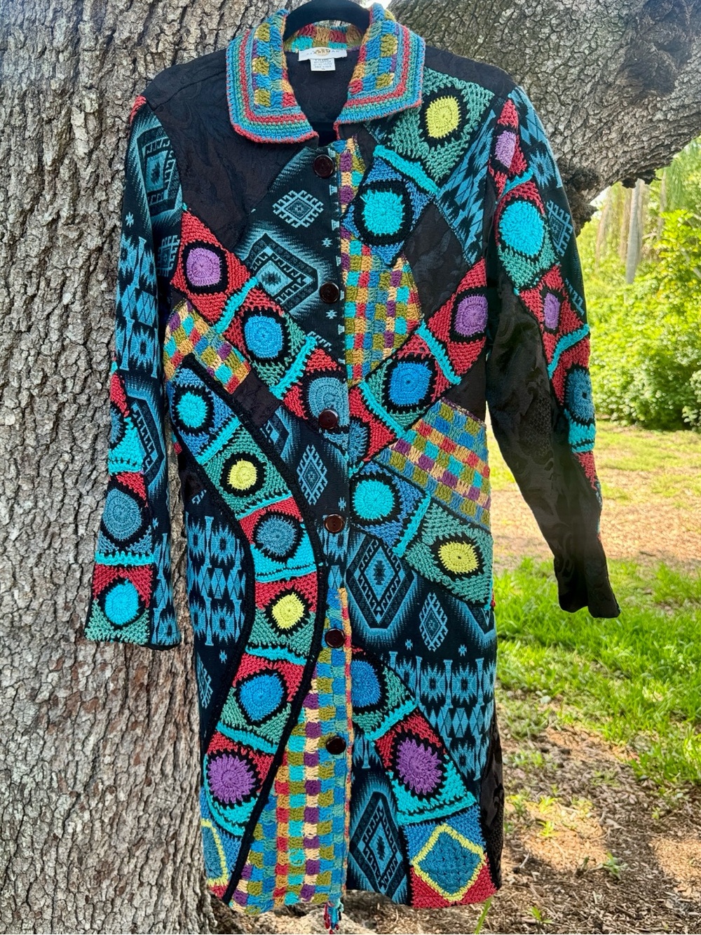 Vintage 90s Sandy Starkman Crochet Patchwork Aztec Teal Purple Black Coat.XL